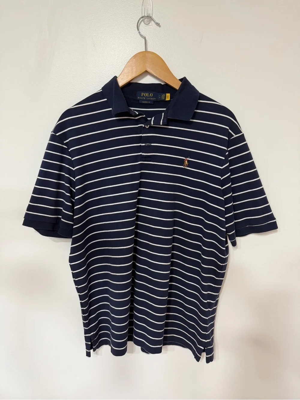 Polo Ralph Lauren Classic Fit Pima Navy Striped Polo Shirt Pony Flesh Logo L
